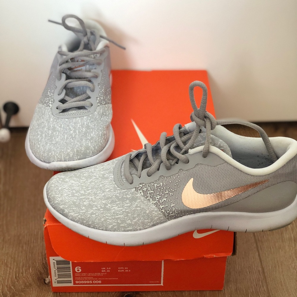 white grey & rose gold Nike shoes